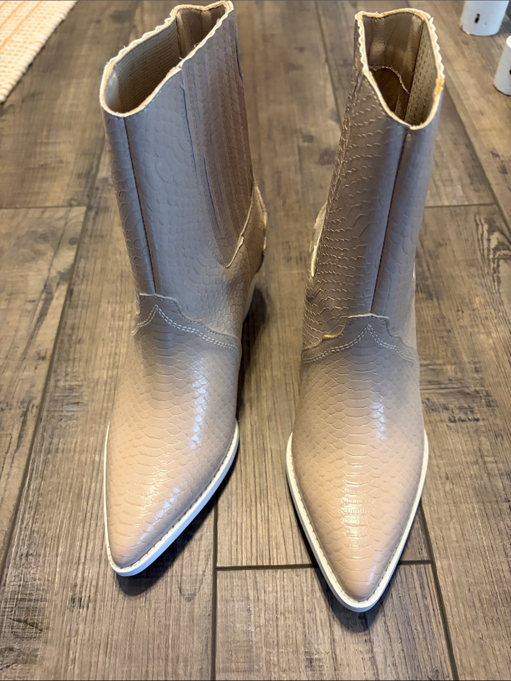 Croc-Embossed Pointed-Toe Ankle Boots — Beige
